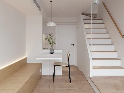 Modern Apartment Interior With Staircase White Door Wooden Floor Bench And Hanging Lamp 3d model