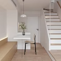 Modern Apartment Interior With Staircase White Door Wooden Floor Bench And Hanging Lamp