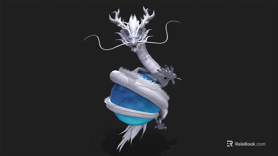 White Flying Dragon Coiled Around Blue Orb With Horns And Whiskers 3d model 