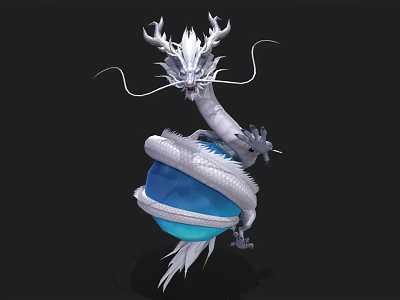 White Flying Dragon Coiled Around Blue Orb With Horns And Whiskers 3d model