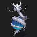 White Flying Dragon Coiled Around Blue Orb With Horns And Whiskers