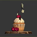 Delicious Cupcake With White Frosting Cherries And Star Decorations On Wooden Tray