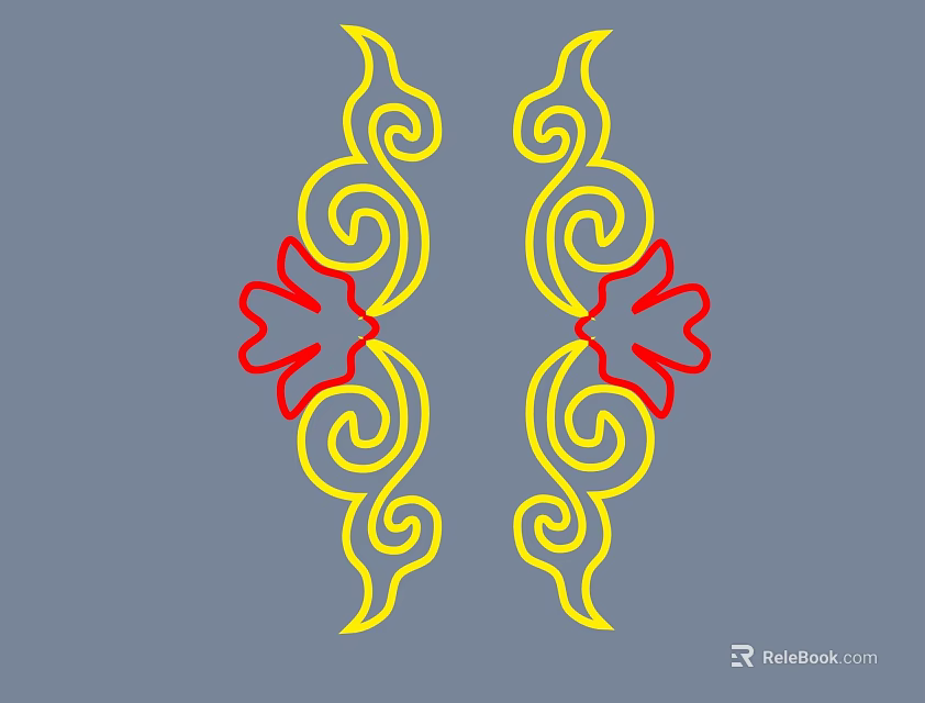 Symmetrical Wall Decor With Yellow Swirl Patterns And Red Floral Accents On Gray Background 3d model 