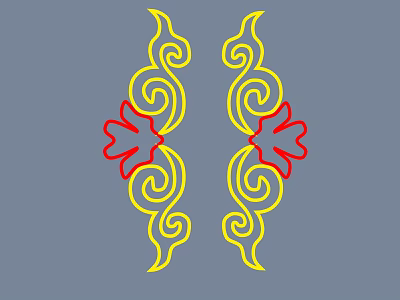 Symmetrical Wall Decor With Yellow Swirl Patterns And Red Floral Accents On Gray Background 3d model
