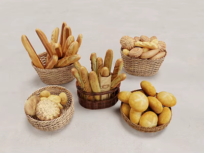 Fresh Assorted Bread Including Baguettes Rolls And Artisan Loaves In Woven Baskets 3d model