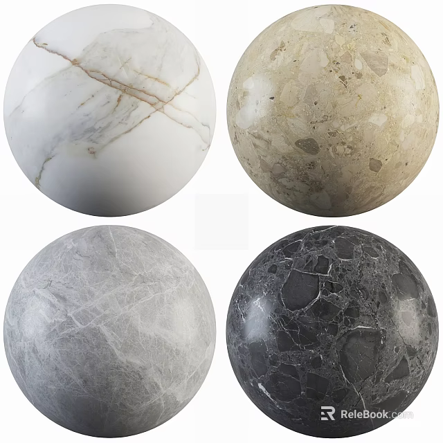 Marble Sphere Components with Natural Veins in White Beige Gray Black Tones 3d model 