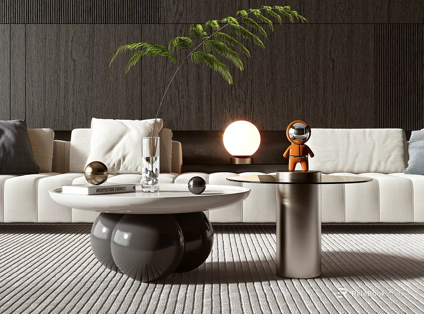 Contemporary Living Room Interior With Modern Coffee Table Round White Top Black Base And Green Plant 3d model 