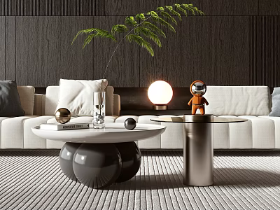 Contemporary Living Room Interior With Modern Coffee Table Round White Top Black Base And Green Plant 3d model