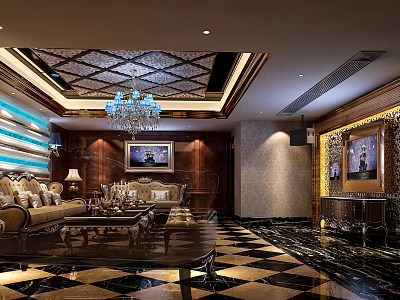 Luxurious KTV Interior Design With Crystal Chandelier Sofas TV And Decorative Walls 3d model