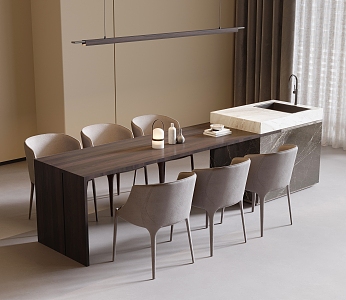 Modern Dining Table and Chair Combination Dining Chair Dining Table Chandelier 3d model