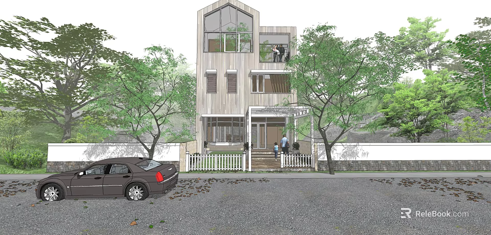 Modern Three Story Detached Villa With Large Windows White Picket Fence And Black Car 3d model 