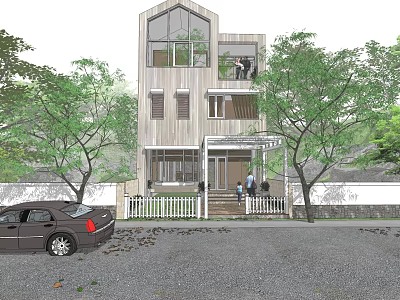 Modern Three Story Detached Villa With Large Windows White Picket Fence And Black Car 3d model