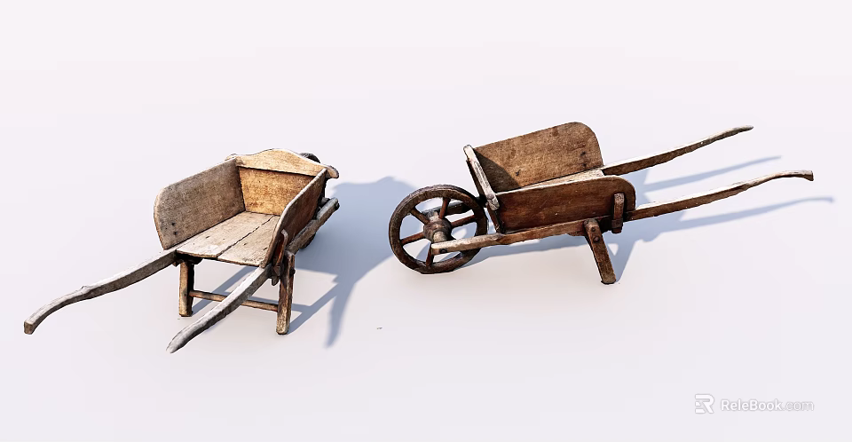 Vintage Wooden Wheelbarrows With Classic Design And Rustic Wooden Wheels 3d model 