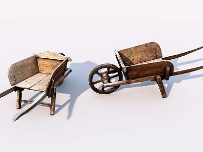 Vintage Wooden Wheelbarrows With Classic Design And Rustic Wooden Wheels 3d model
