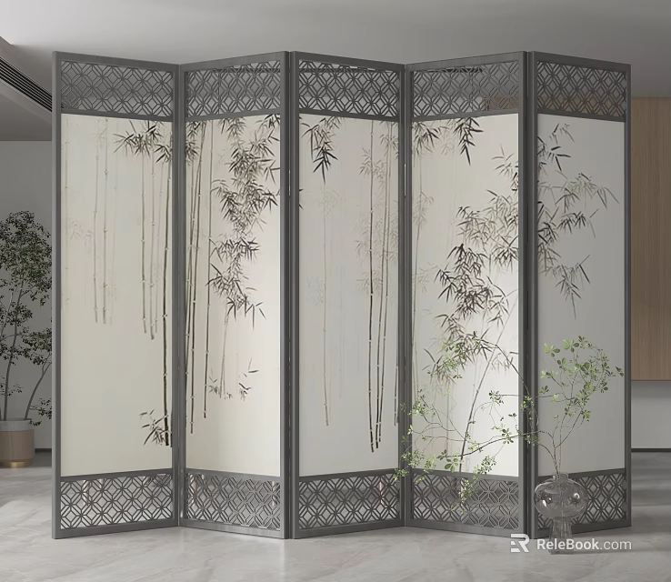 Chinese Style Room Divider With Bamboo Pattern In Interior Space 3d model