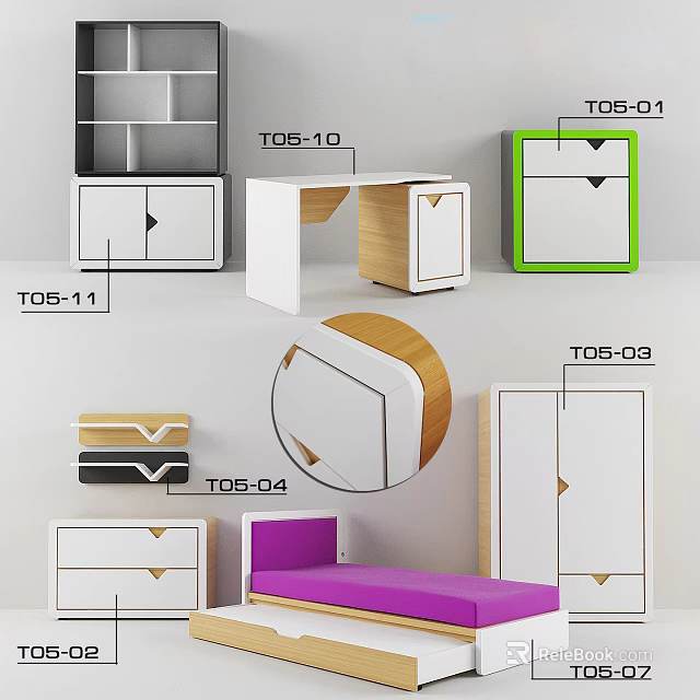 Single Bed With Purple Mattress And Wooden Frame Alongside Drawers And Cabinets 3d model 