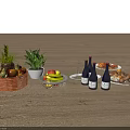 Ceramic Vessels Display With Fresh Fruits Potted Plants Wine Bottles And Food On Wooden Surface