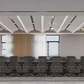 Modern Conference Room With Long Wooden Table Black Chairs And Wooden Ceiling Accents