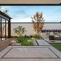 Modern Garden Landscape With Outdoor Seating Fire Pit Colorful Trees And Purple Flowers