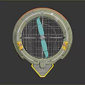 Circular Electric Fan With Metal Grid Blue Blades And Warning Label