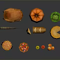 Assorted Fresh Food Items Including Roast Chicken Fish Pumpkin Cabbage Pie And Cheese