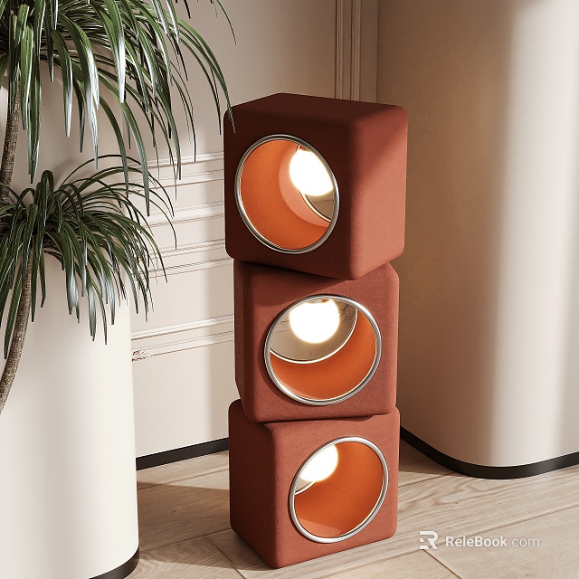 Modern Stacked Cube Floor Lamp With Brown Round Illuminated Shades And Green Plant 3d model 