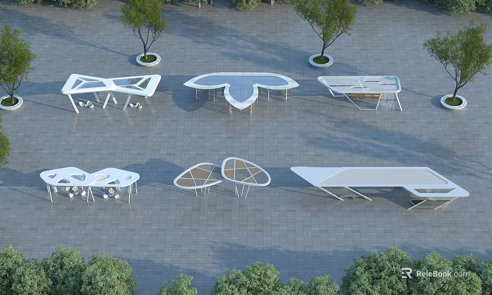 Modern Outdoor Pergola Designs With Geometric Structures Gray Pavement And Green Trees 3d model 