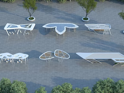 Modern Outdoor Pergola Designs With Geometric Structures Gray Pavement And Green Trees 3d model