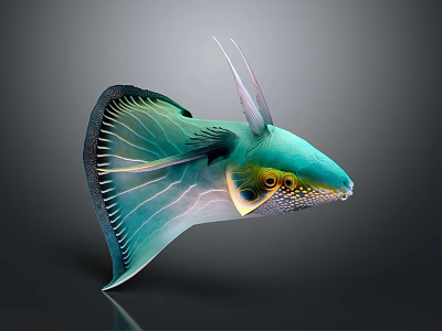 Vibrant Teal Aquatic Animal With Large Fan Shaped Fins Horn Like Structures And Yellow Eyes 3d model