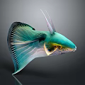 Vibrant Teal Aquatic Animal With Large Fan Shaped Fins Horn Like Structures And Yellow Eyes
