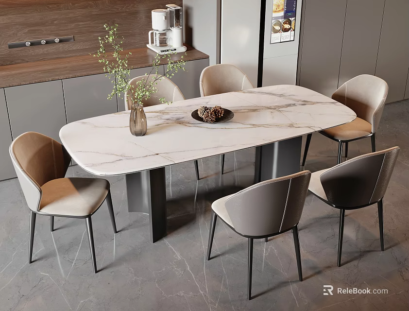 Modern Dining Table Set With Oval Marble Top And Light Gray Beige Chairs In Kitchen 3d model 