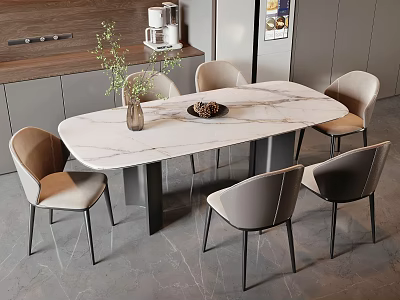Modern Dining Table Set With Oval Marble Top And Light Gray Beige Chairs In Kitchen 3d model