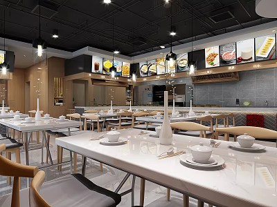 Modern Restaurant Interior With Stylish Tables Chairs And Wall Menu Display Lighting 3d model