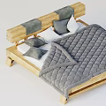Modern Double Bed with Wooden Frame Grey Headboard and Grey Diamond Quilt and White Pillows