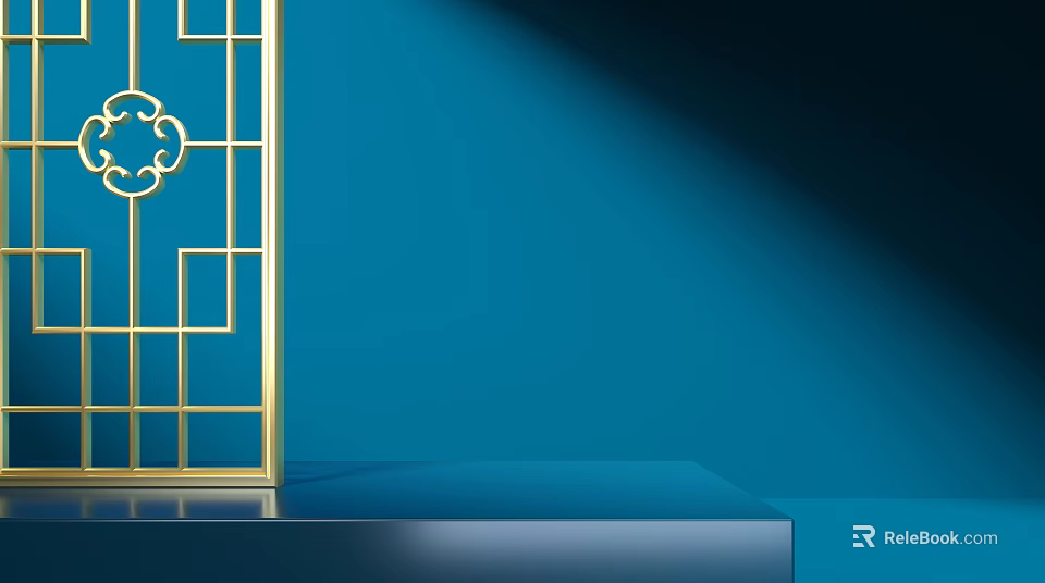 Golden Chinese Style Lattice Display Shelf With Blue Background And Modern Stand 3d model 
