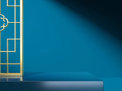 Golden Chinese Style Lattice Display Shelf With Blue Background And Modern Stand 3d model