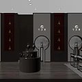 Traditional Chinese Style Showroom With Red Display Shelves Circular Counter Vases And Wooden Elements