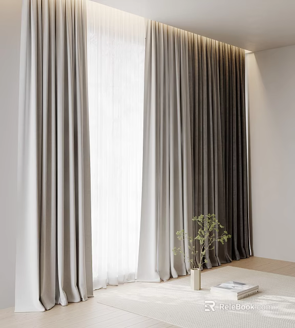 Modern Linen Curtain Design With Gray And Beige Shades For Window Decoration With Natural Light 3d model 