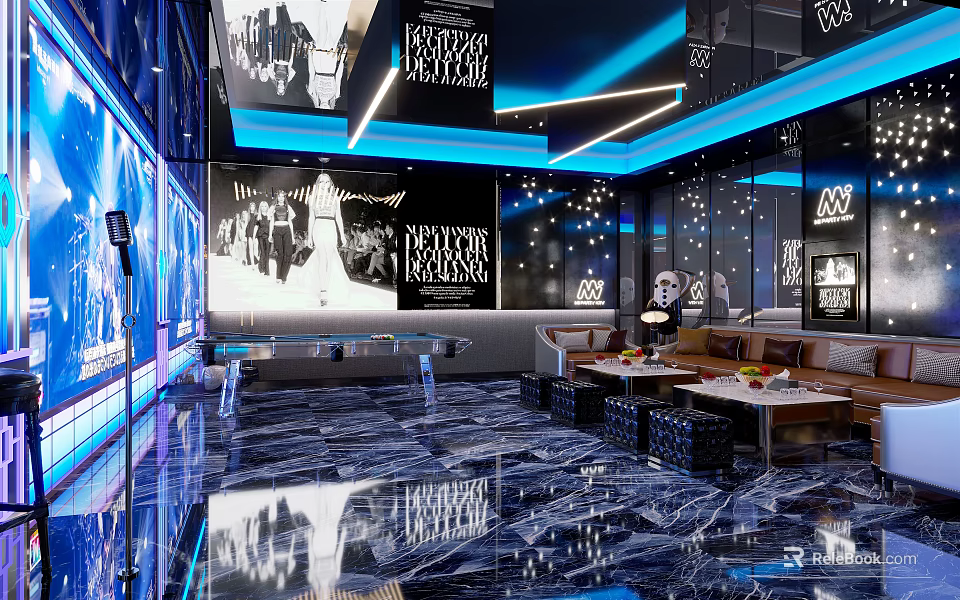 Modern KTV Interior Design With Blue Lighting Marble Flooring Sofas And Large Screens 3d model