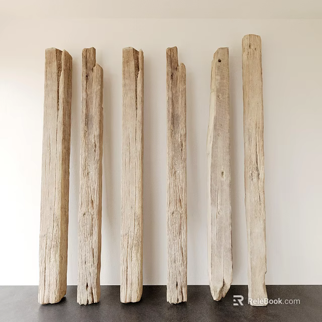 Rustic Stone and Wood Decorative Columns Standing Against White Wall in Home Interior 3d model 