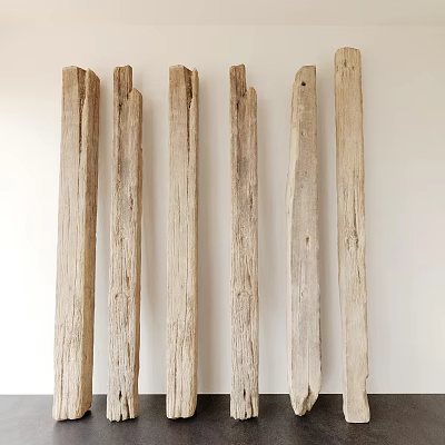 Rustic Stone and Wood Decorative Columns Standing Against White Wall in Home Interior 3d model