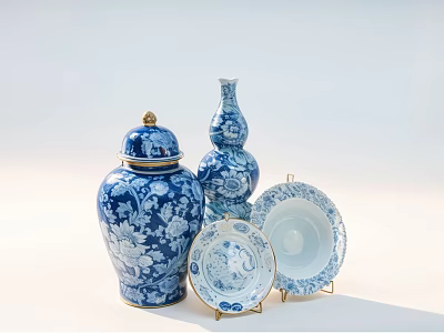 Blue and White Ceramic Vessels Including Lidded Jar Gourd Vase and Decorative Plates 3d model