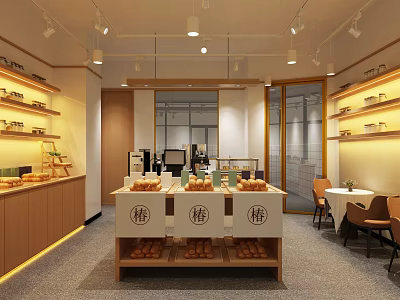 Modern Dessert Shop Interior With Bread Displays Coffee Equipment And Wooden Tables 3d model