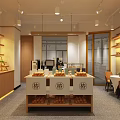 Modern Dessert Shop Interior With Bread Displays Coffee Equipment And Wooden Tables