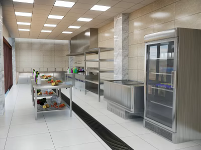 Commercial Kitchen Featuring Stainless Steel Equipment Refrigerator Worktable Vegetable Fruit Cart And Clean Layout 3d model