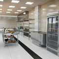 Commercial Kitchen Featuring Stainless Steel Equipment Refrigerator Worktable Vegetable Fruit Cart And Clean Layout