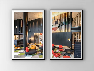 Modern Interior Wall Art With Colorful Furniture And Geometric Carpet Design 3d model