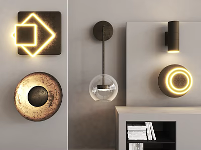 Various Modern Wall Lamps With Geometric Circular Glass Globe And Metal Base Designs 3d model