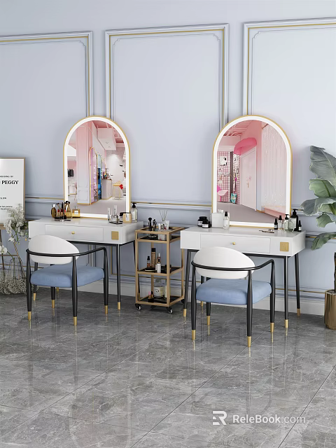 Modern White Dressing Tables With Golden Frame Arched Mirrors And Blue Cushion Chairs 3d model 