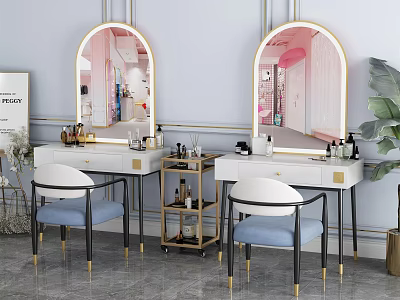 Modern White Dressing Tables With Golden Frame Arched Mirrors And Blue Cushion Chairs 3d model